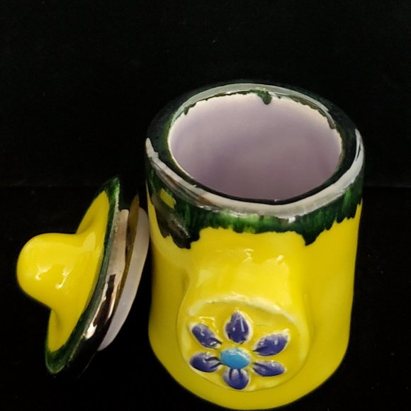 Handmade Small Ceramic Stash Jar in Bright Yellow with a Blue Flower - Picture 7 of 11